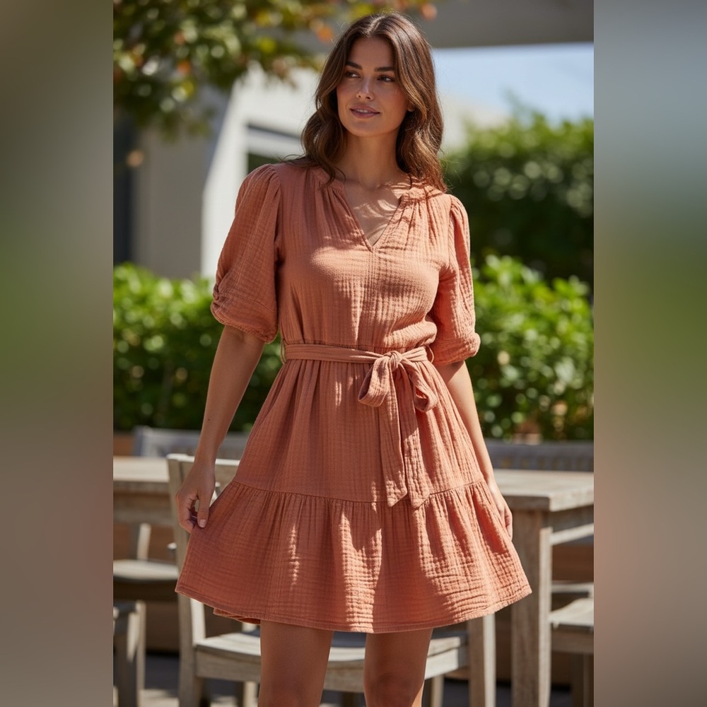 Velvet by Graham & Spencer Bella Mini Dress | Orange Cotton Gauze | Puff Sleeves